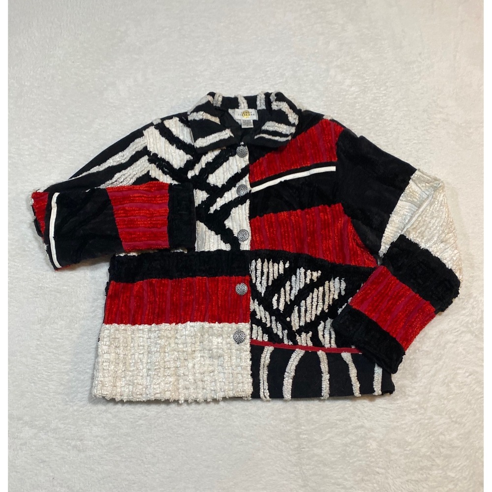 Sandy Starkman Vintage Colorblock Patchwork Chenille Jacket Red Black White XL